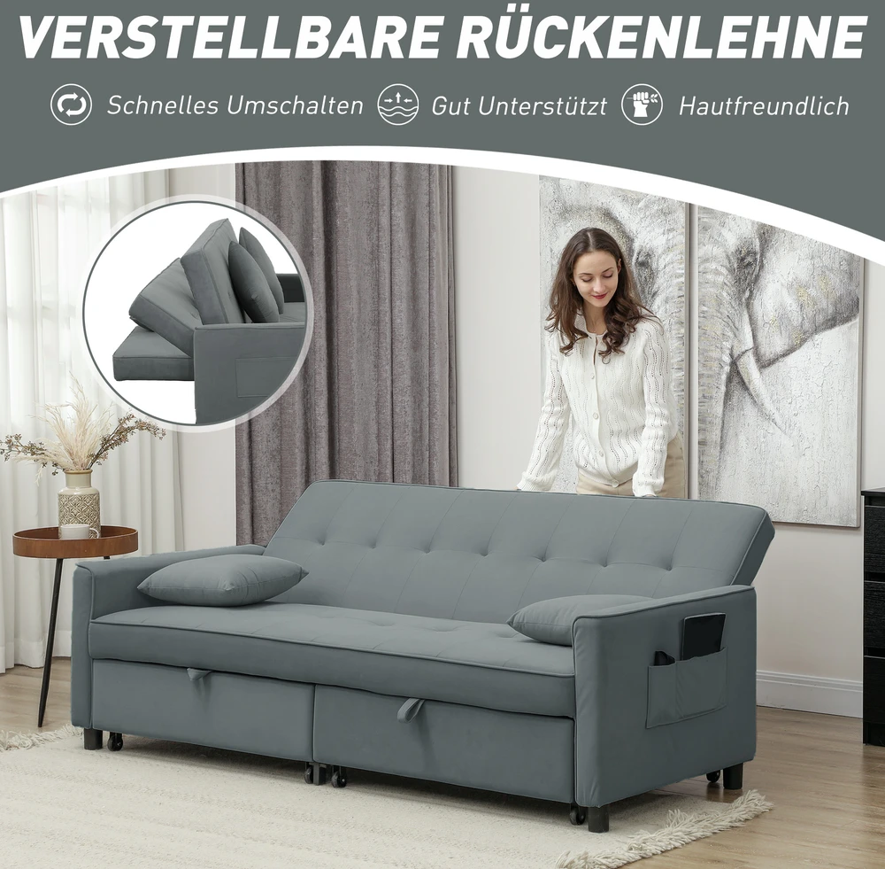 Aosom Miegamoji sofa, 3 vietų sofa su lovos funkcija, pilka, 196 x 90 x 89 cm