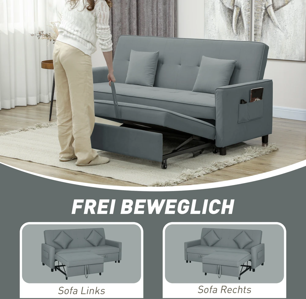 Aosom Miegamoji sofa, 3 vietų sofa su lovos funkcija, pilka, 196 x 90 x 89 cm