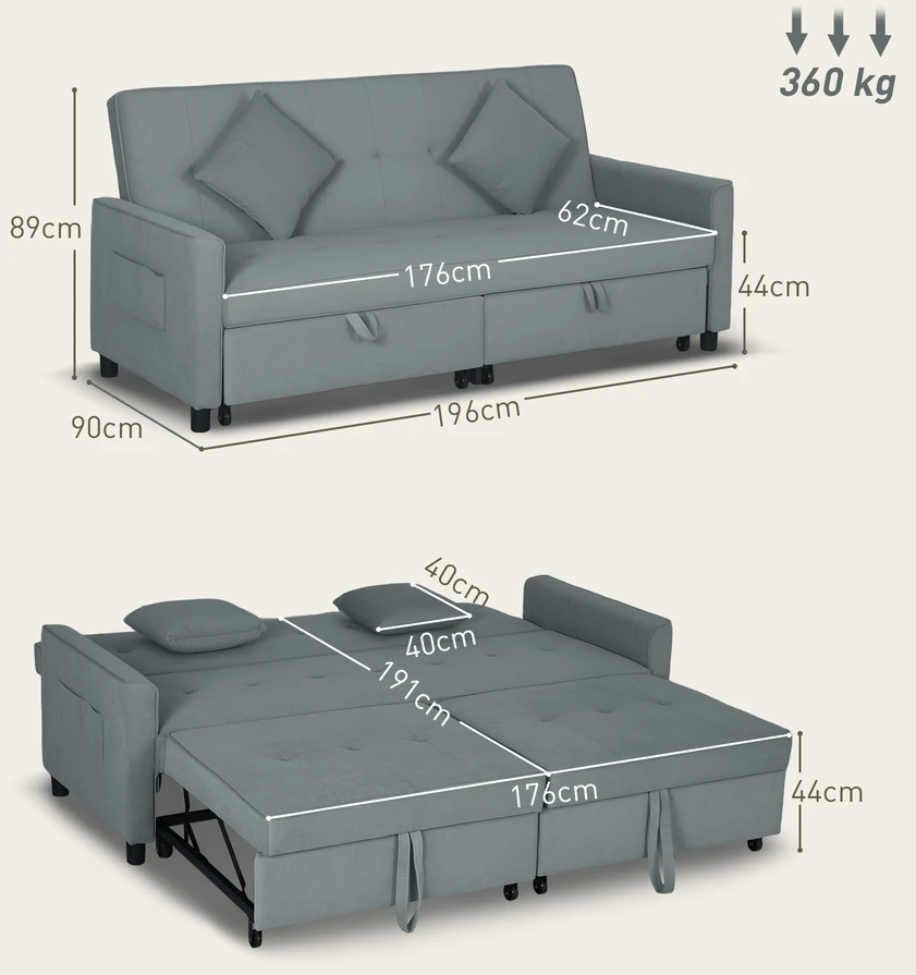 Aosom Miegamoji sofa, 3 vietų sofa su lovos funkcija, pilka, 196 x 90 x 89 cm