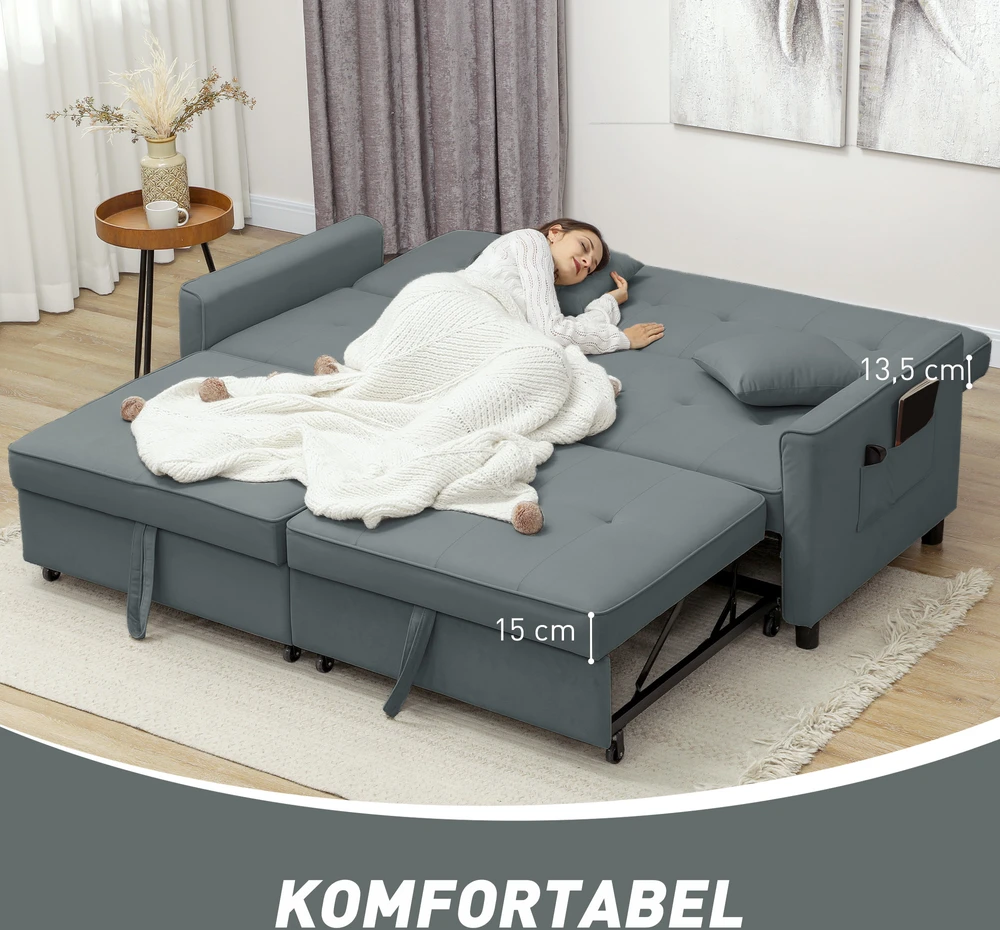 Aosom Miegamoji sofa, 3 vietų sofa su lovos funkcija, pilka, 196 x 90 x 89 cm