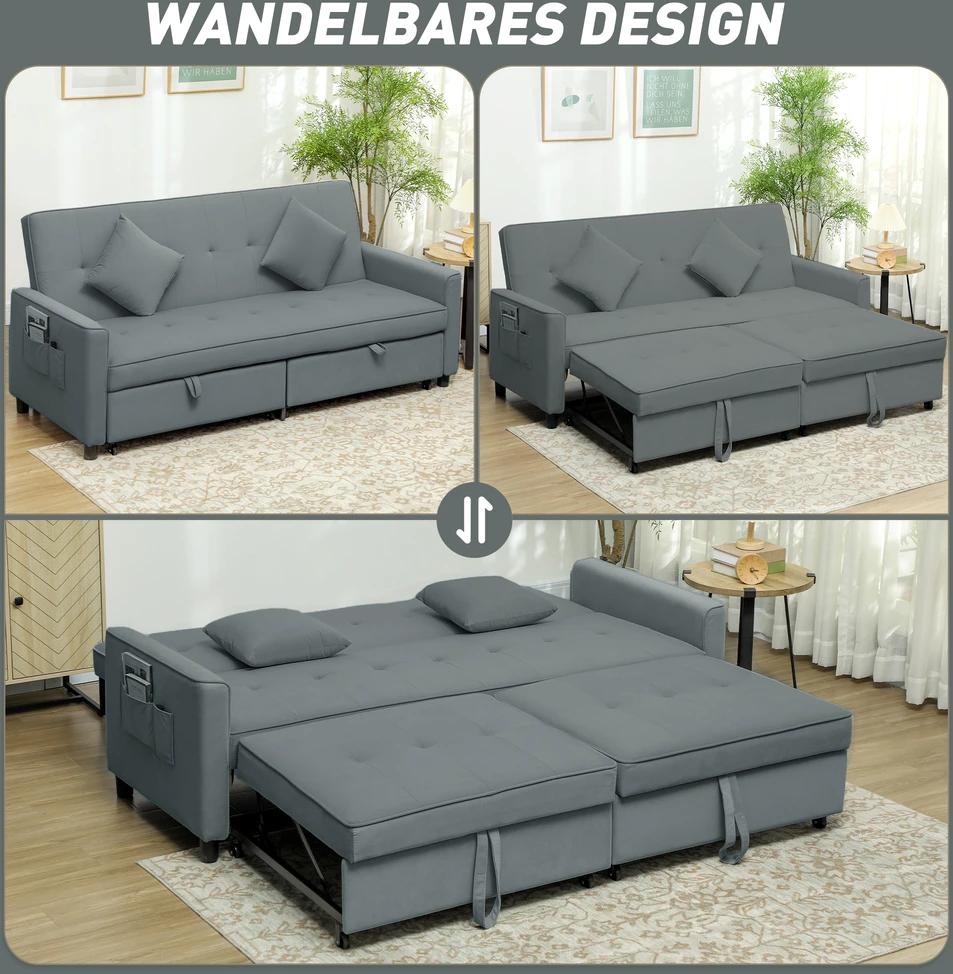 Aosom Miegamoji sofa, 3 vietų sofa su lovos funkcija, pilka, 196 x 90 x 89 cm