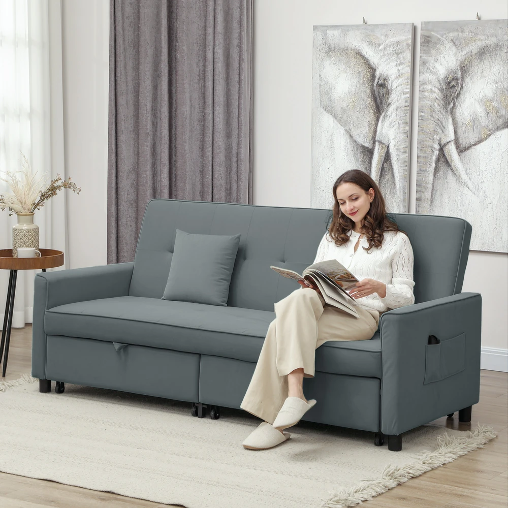 Aosom Miegamoji sofa, 3 vietų sofa su lovos funkcija, pilka, 196 x 90 x 89 cm