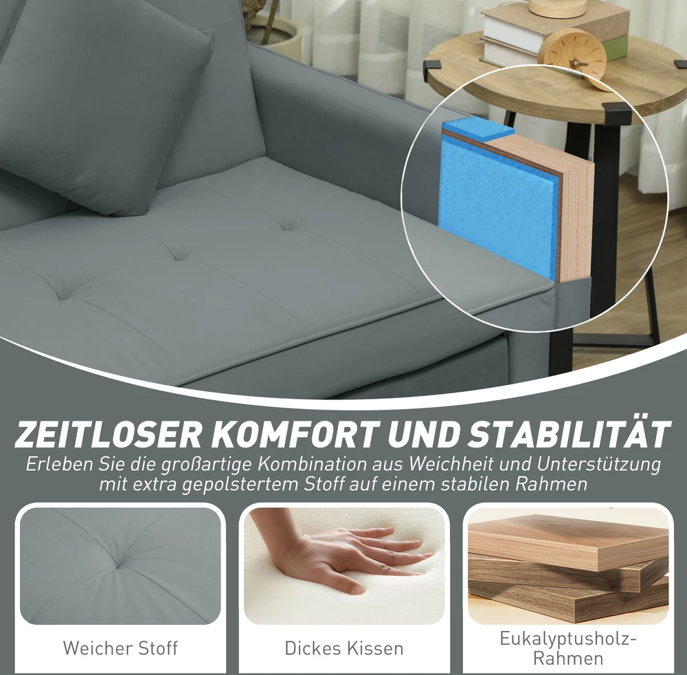 Aosom Miegamoji sofa, 3 vietų sofa su lovos funkcija, pilka, 196 x 90 x 89 cm