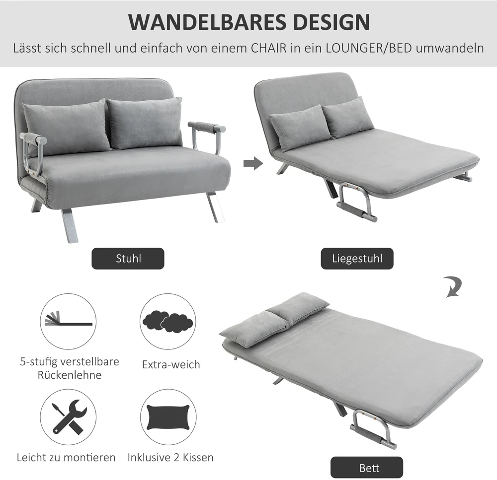 Aosom Miegamoji sofa, dvivietė sofa, svečių lova, šviesiai pilka, 2 pagalvėlės