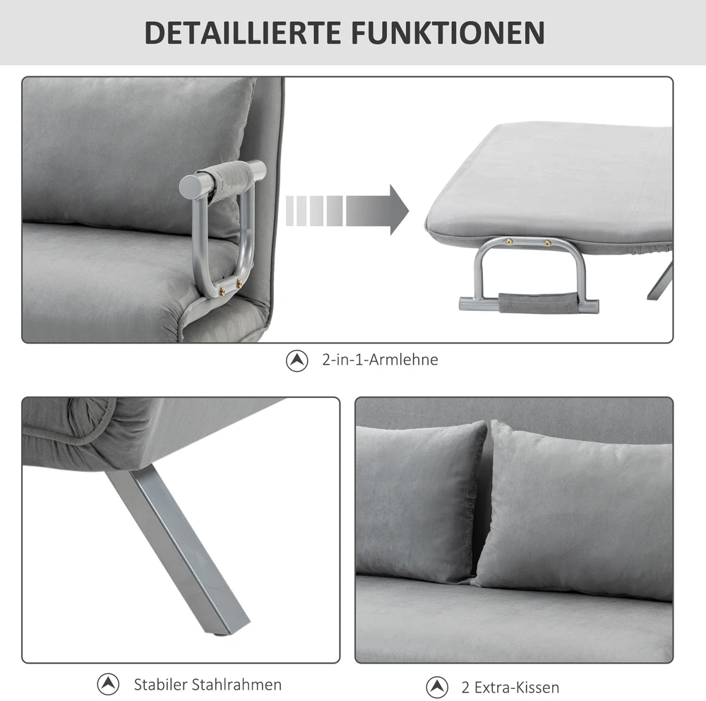 Aosom Miegamoji sofa, dvivietė sofa, svečių lova, šviesiai pilka, 2 pagalvėlės