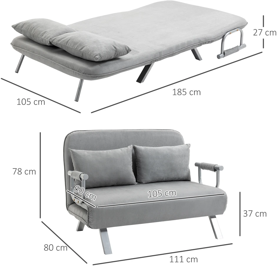 Aosom Miegamoji sofa, dvivietė sofa, svečių lova, šviesiai pilka, 2 pagalvėlės