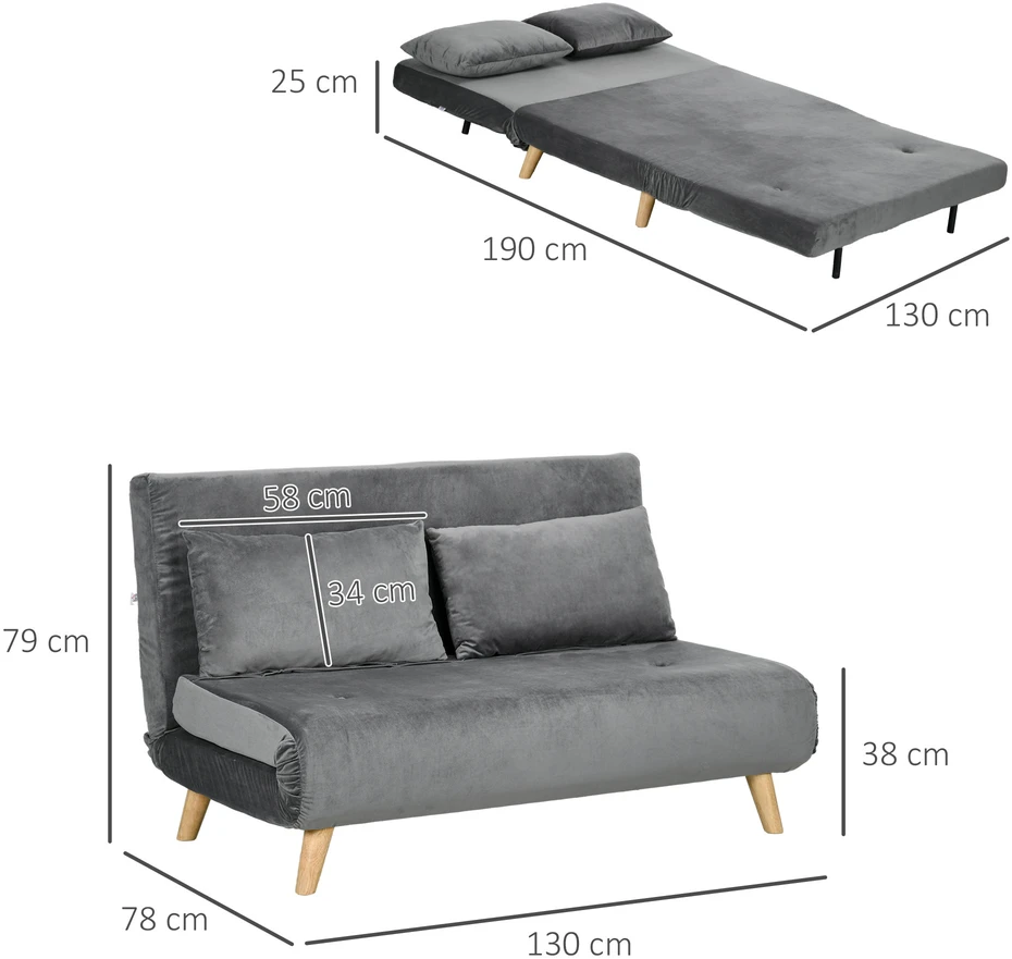 Aosom Miegamoji sofa, pilka, 130 x 78 x 79 cm, su 2 pagalvėmis