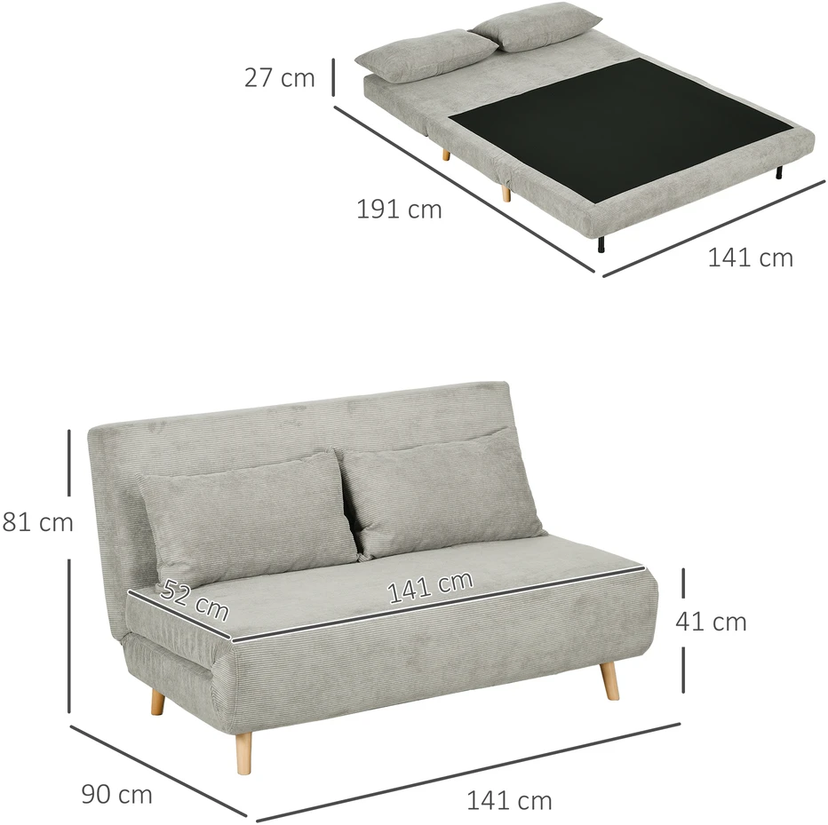 Aosom Miegamoji sofa, svečių lova, pilka, 141 x 90 x 81 cm