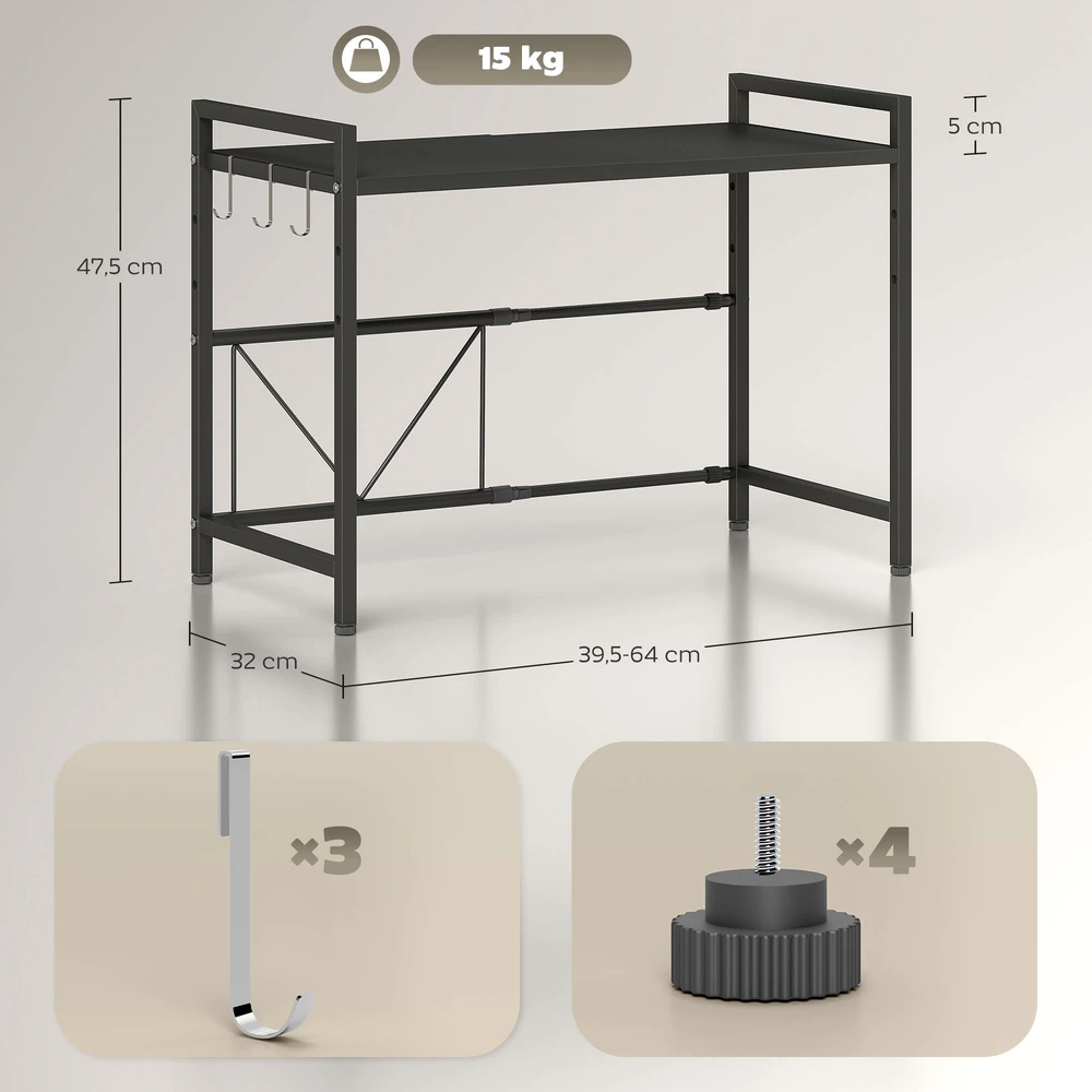Aosom Mikrobangų krosnelės lentyna su 3 kabliukais, ištraukiama, metalas, juoda, 39,5–64 x 32 x 47,5 cm
