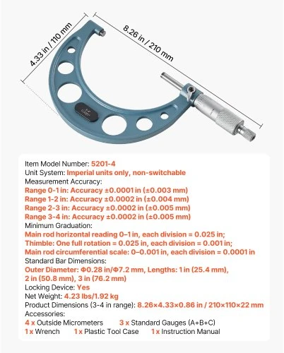 VEVOR Mikrometrų rinkinys, 4 vnt., 0-25 / 25-50 / 50-75 / 75-100 mm, mėlynas