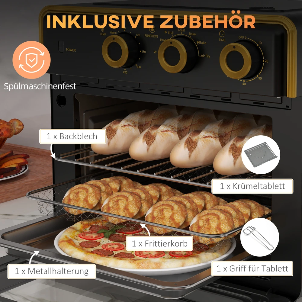Elektrinė krosnelė Aosom Mini orkaitė, 20 l, 1400 W, juoda+auksinė