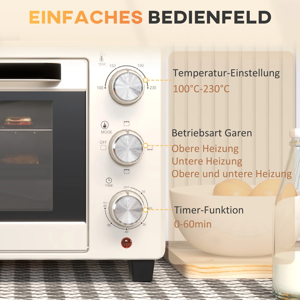Elektrinė krosnelė Aosom Mini orkaitė, 21 l, 1400 W, kreminė balta, nerūdijantis plienas