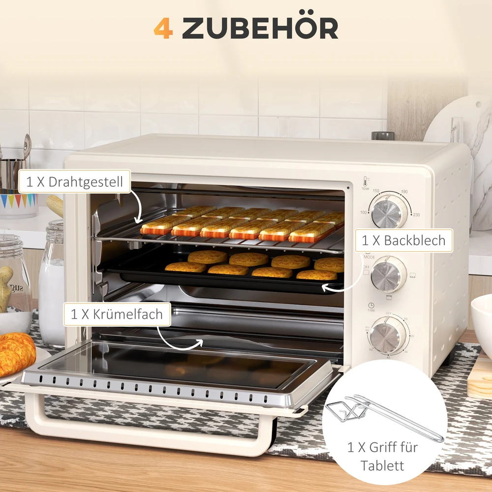 Elektrinė krosnelė Aosom Mini orkaitė, 21 l, 1400 W, kreminė balta, nerūdijantis plienas