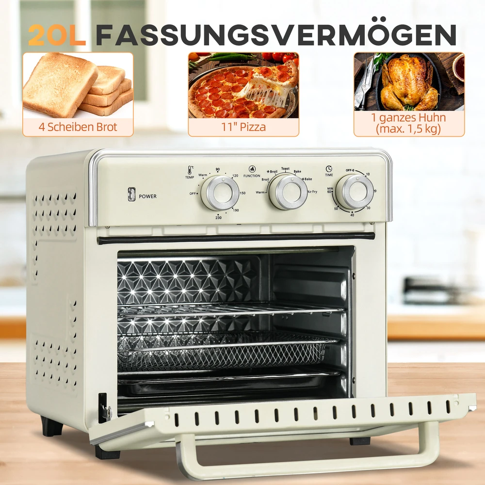 Elektrinė krosnelė Aosom Mini orkaitė 5 viename, 20 l, 1400 W, kreminė balta, sidabrinė