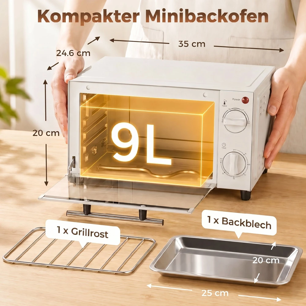 Elektrinė krosnelė Aosom Mini orkaitė, 9 l, kreminė balta, nerūdijantis plienas