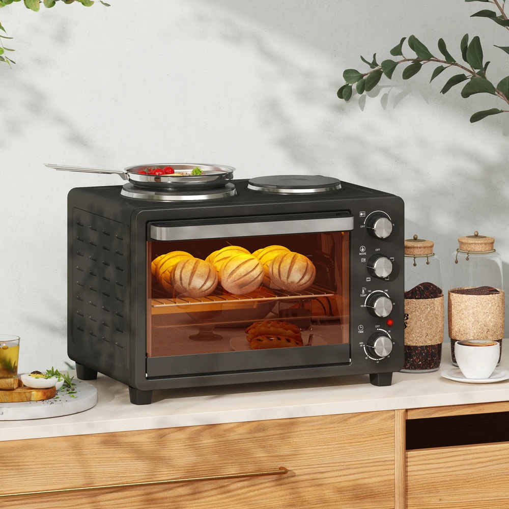 Elektrinė krosnelė Aosom Mini orkaitė su kaitlentėmis, 28 L, juoda, 2600 W