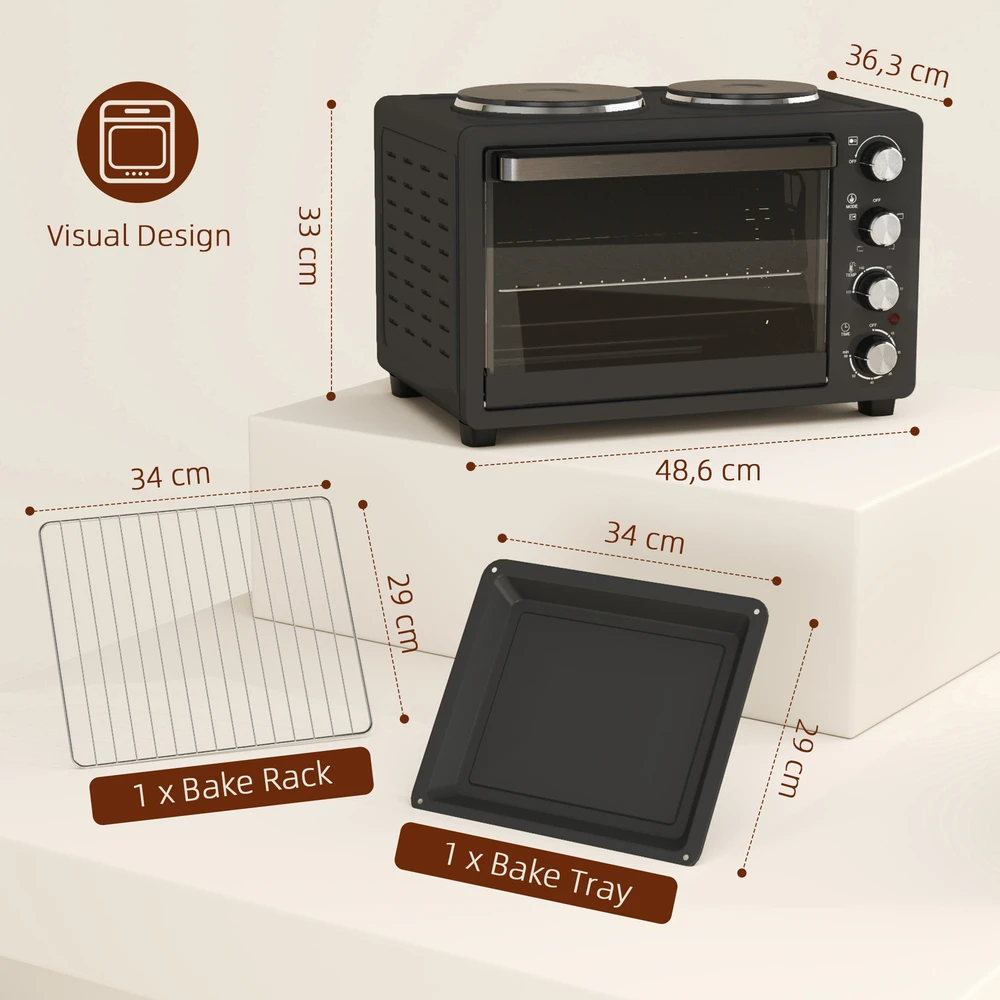 Elektrinė krosnelė Aosom Mini orkaitė su kaitlentėmis, 28 L, juoda, 2600 W