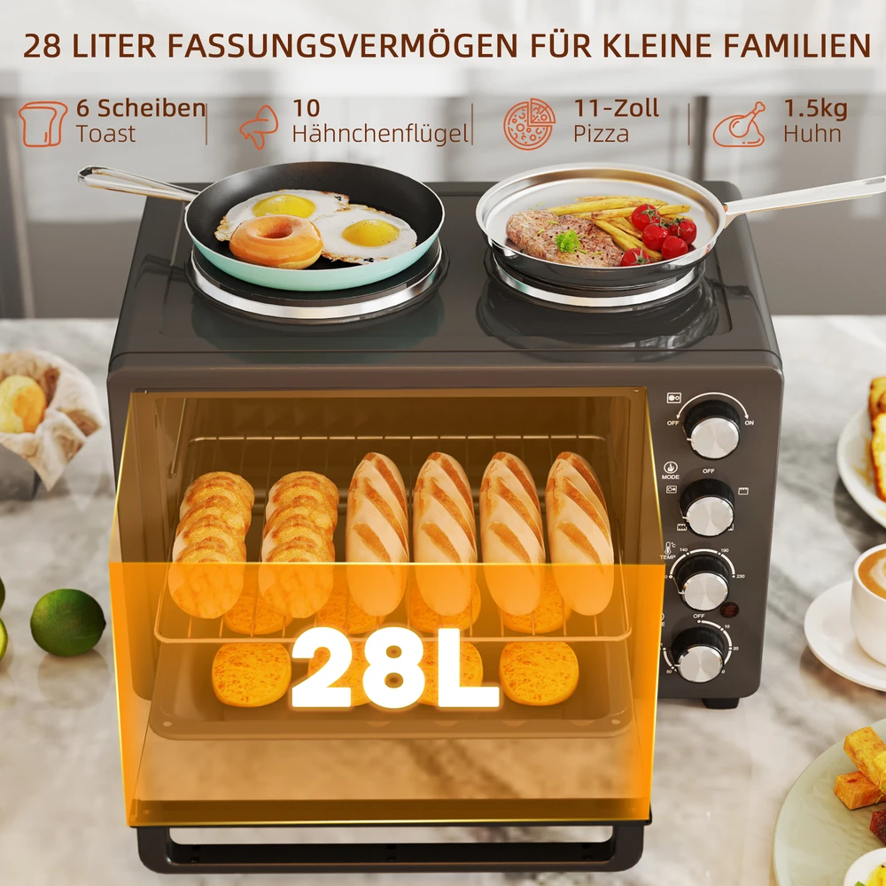 Elektrinė krosnelė Aosom Mini orkaitė su kaitlentėmis, 28 L, juoda, 2600 W