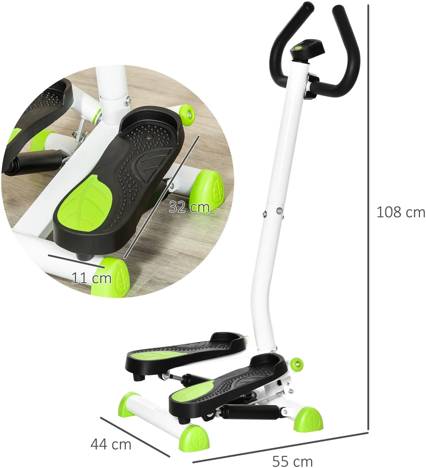 Aosom Mini stepperis, LCD monitorius, neslystantys pedalai, plienas ir ABS, 55 x 44 x 108 cm, žalia + juoda