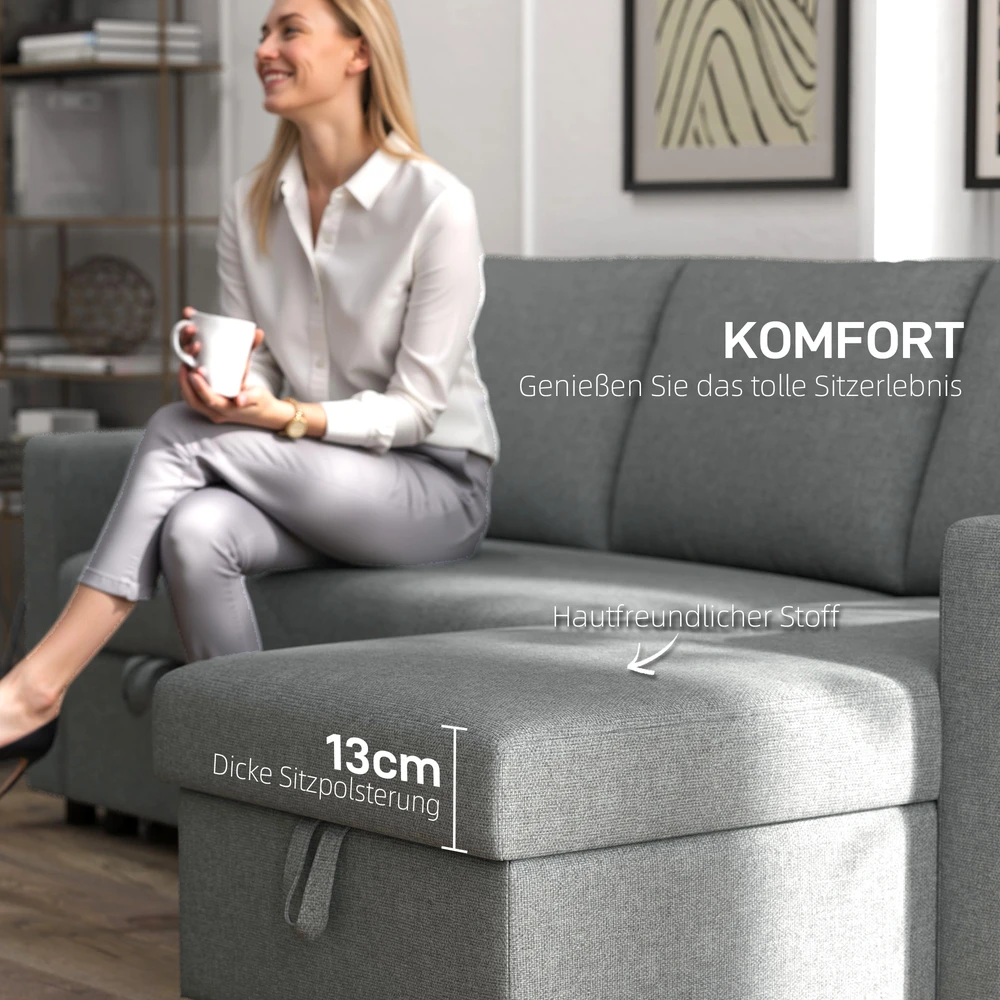 Aosom Minkšta kampinė sofa-lova su daiktų dėže, šviesiai pilka, 211,5 x 146 x 85 cm