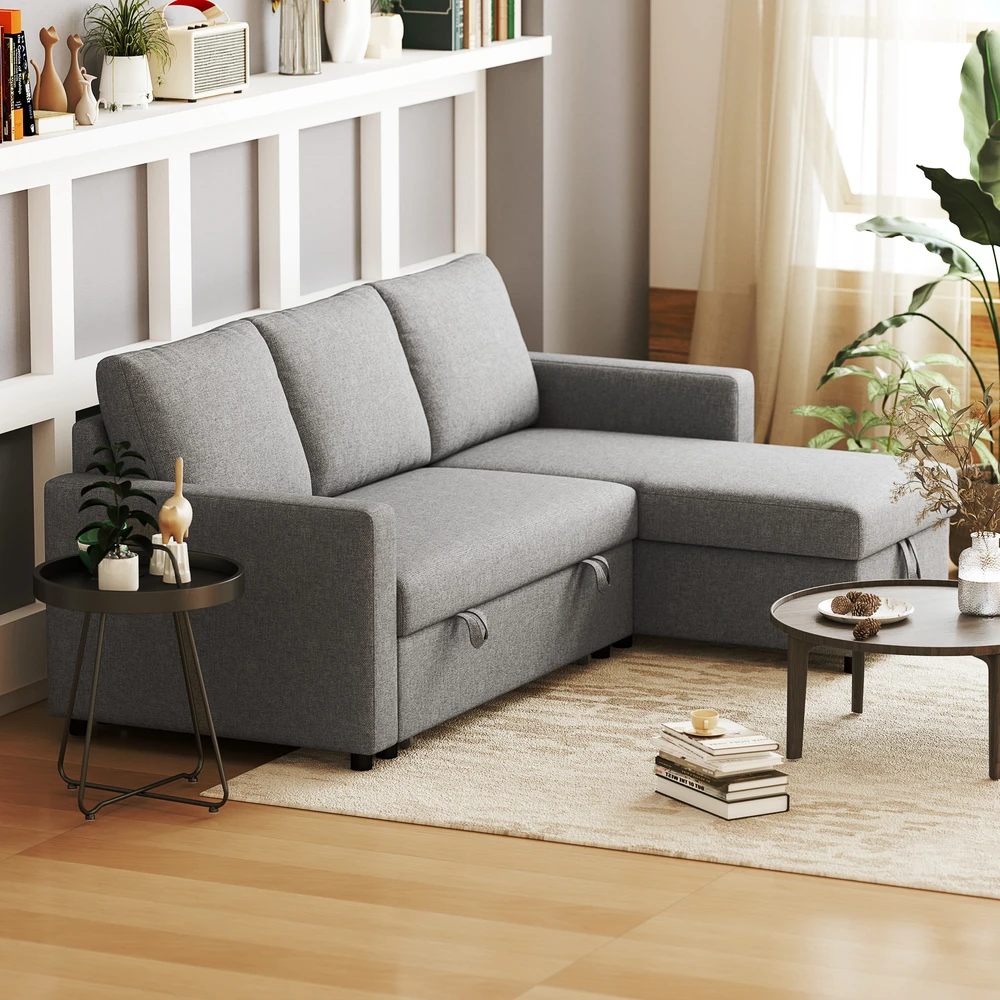 Aosom Minkšta kampinė sofa-lova su daiktų dėže, šviesiai pilka, 211,5 x 146 x 85 cm