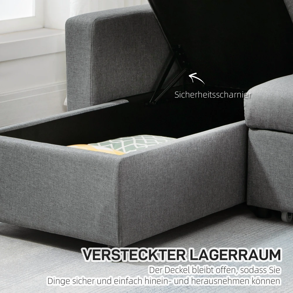Aosom Minkšta kampinė sofa-lova su daiktų dėže, šviesiai pilka, 211,5 x 146 x 85 cm