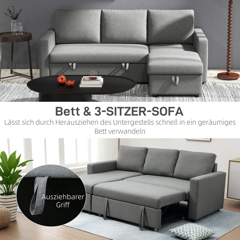 Aosom Minkšta kampinė sofa-lova su daiktų dėže, šviesiai pilka, 211,5 x 146 x 85 cm