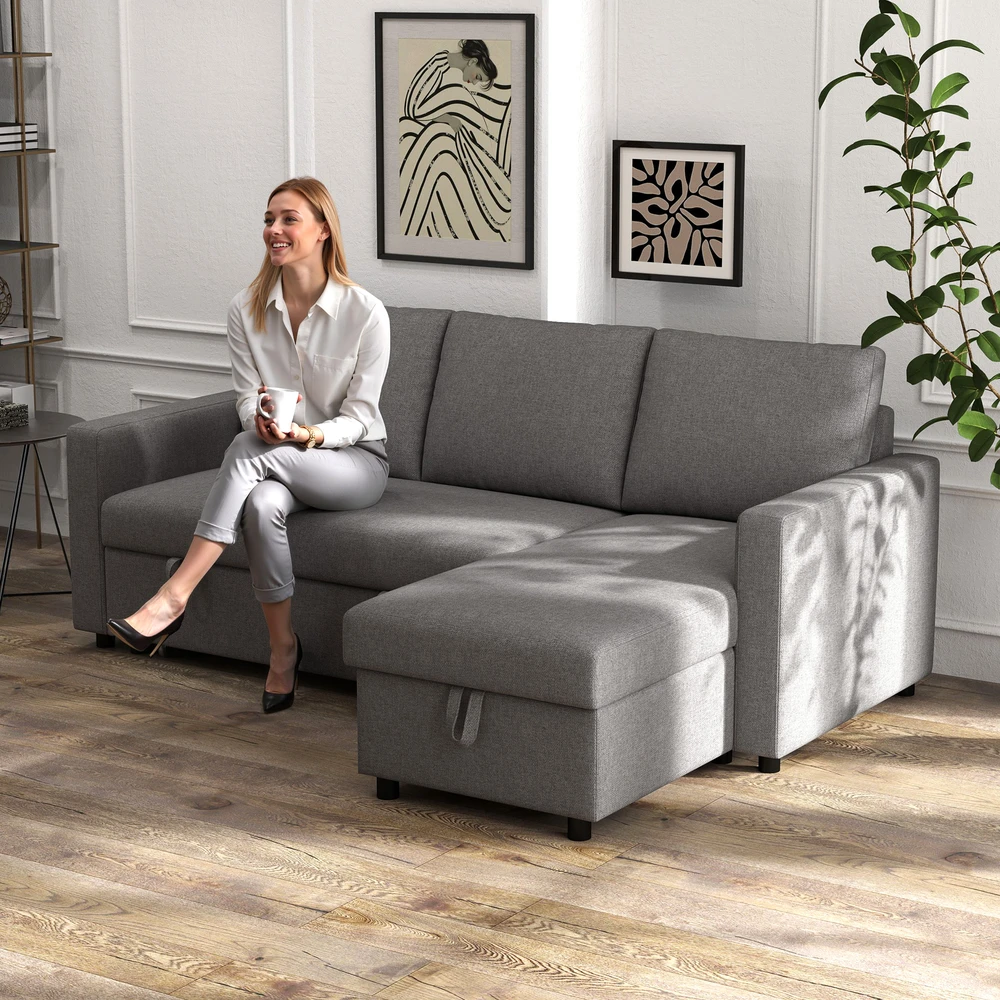 Aosom Minkšta kampinė sofa-lova su daiktų dėže, šviesiai pilka, 211,5 x 146 x 85 cm