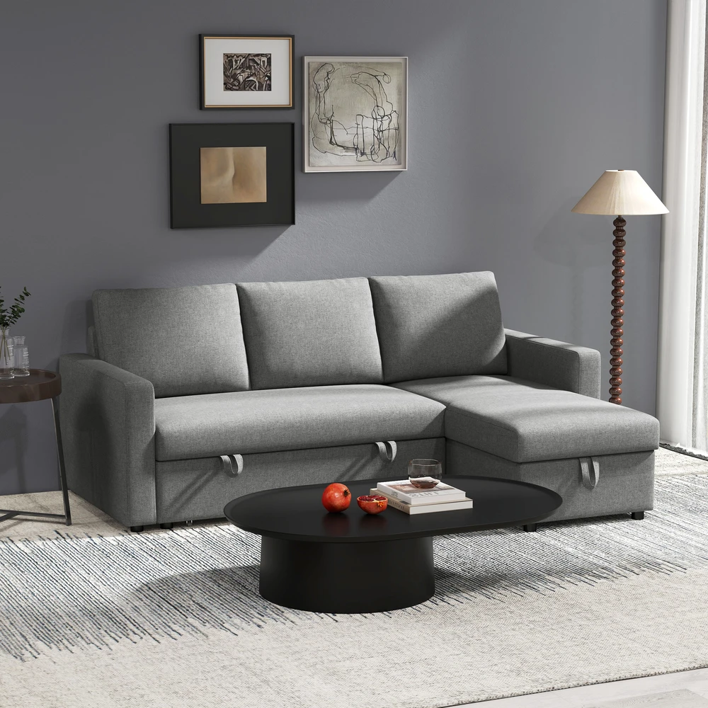 Aosom Minkšta kampinė sofa-lova su daiktų dėže, šviesiai pilka, 211,5 x 146 x 85 cm