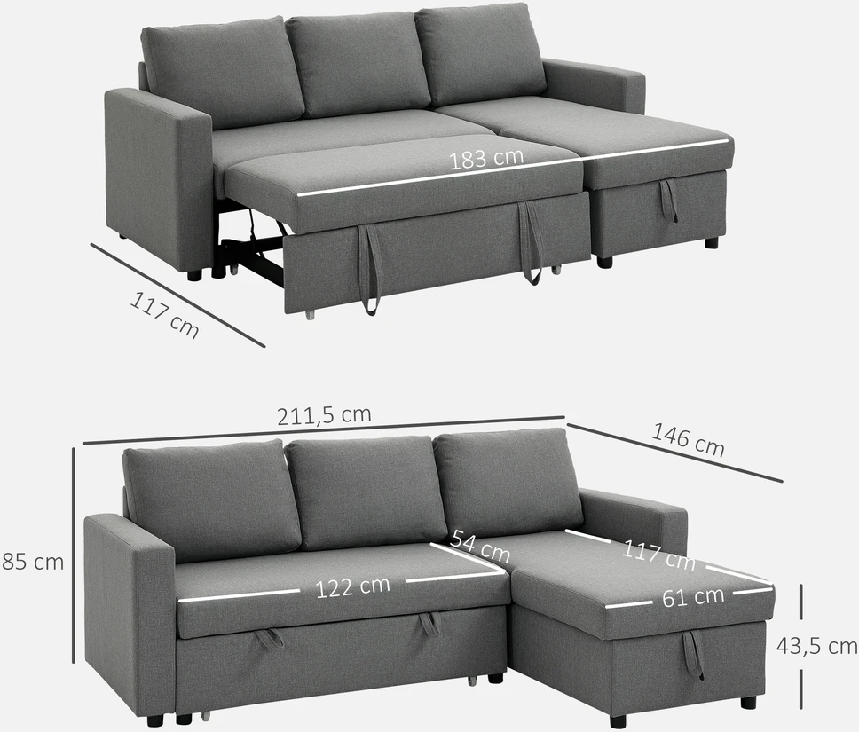 Aosom Minkšta kampinė sofa-lova su daiktų dėže, šviesiai pilka, 211,5 x 146 x 85 cm