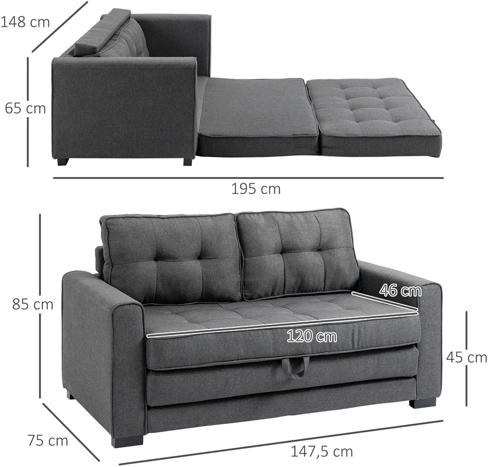 Aosom Minkšta lova sofa, 2 vietų, pilka, 147,5 x 75 x 85 cm