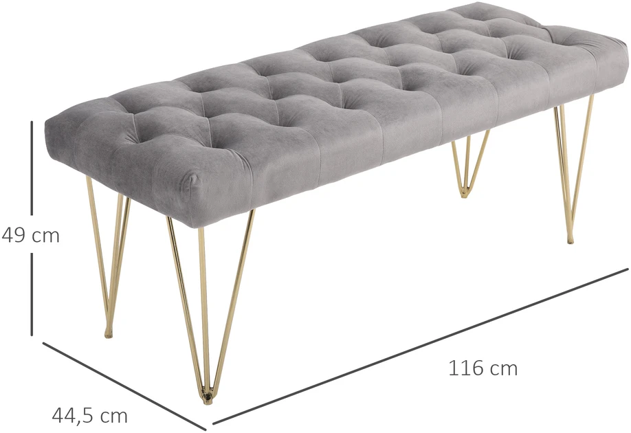 Aosom Minkšta suoliukas su veliūro apdaila, pilka, 116 x 44,5 x 49 cm