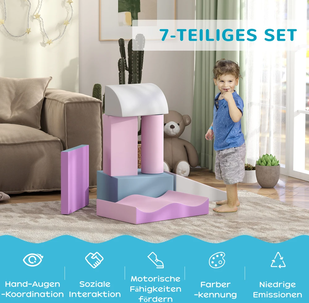 Aosom Minkštų putplasčio kaladėlių rinkinys vaikams, 7 vnt., dirbtinė oda, margas, 1-3 m.