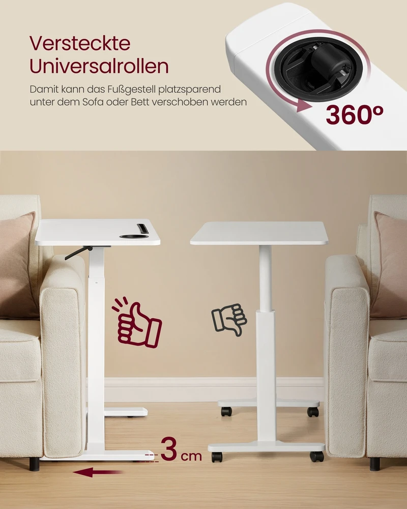 Koduva Mobilus šoninis staliukas su ratukais, 70 x 40 cm, reguliuojamo aukščio, baltas