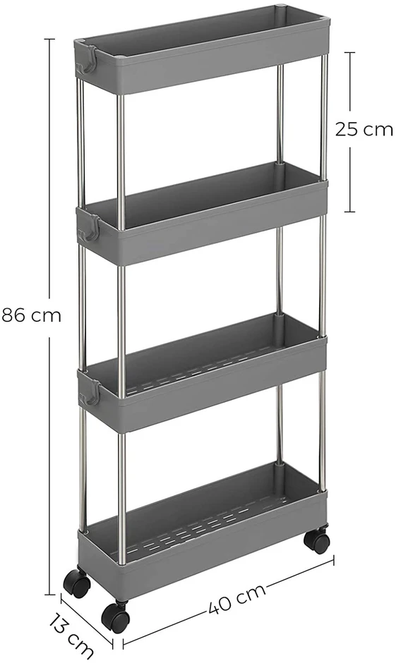 Songmics Mobilus vežimėlis su 4 lentynomis, pilkas, PP ir metalas, 40 x 12,5 x 86 cm