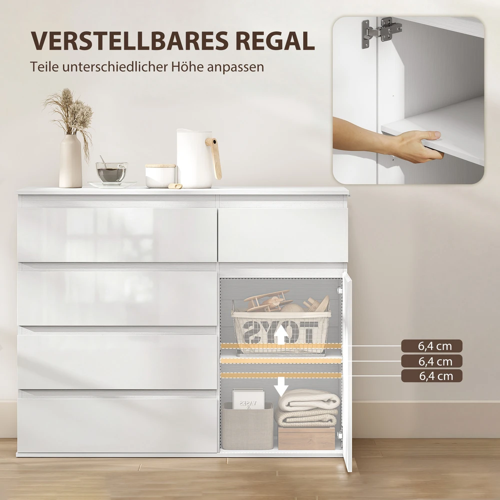 Koduva Modernus sideboardas, baltas blizgus, 5 stalčiai, 100 x 40 x 80 cm