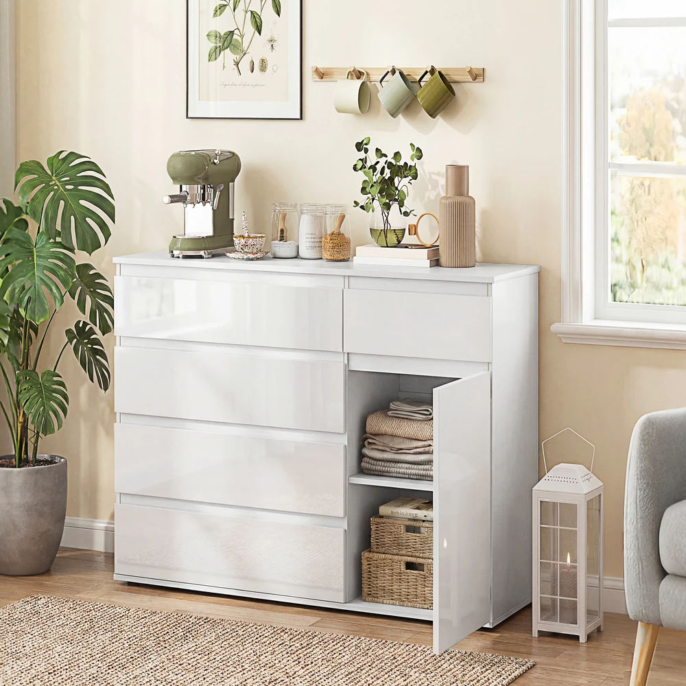 Koduva Modernus sideboardas, baltas blizgus, 5 stalčiai, 100 x 40 x 80 cm