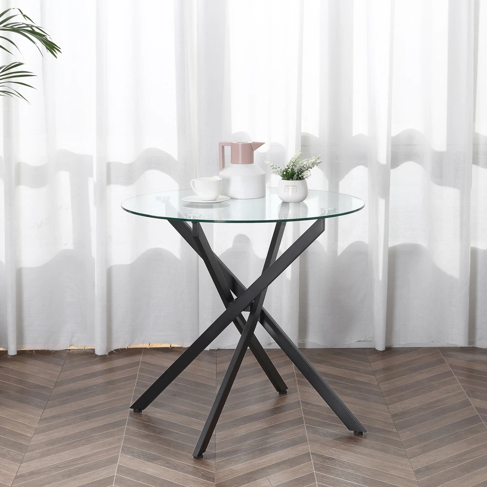 Aosom Modernus valgomojo stalas su stiklo stalviršiu, 80 cm, juodas