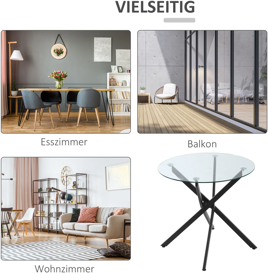 Aosom Modernus valgomojo stalas su stiklo stalviršiu, 80 cm, juodas