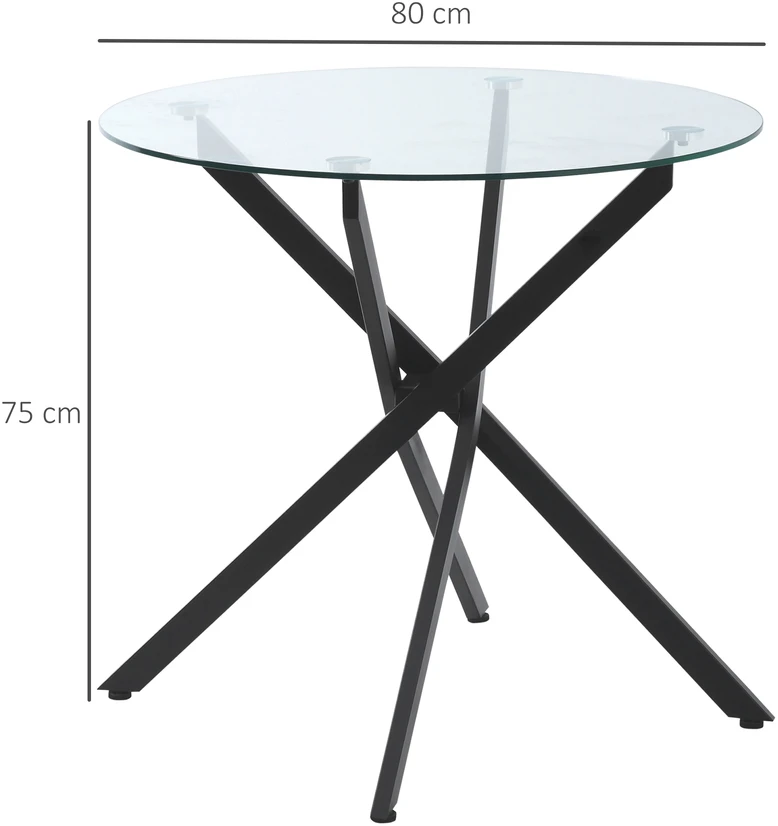 Aosom Modernus valgomojo stalas su stiklo stalviršiu, 80 cm, juodas