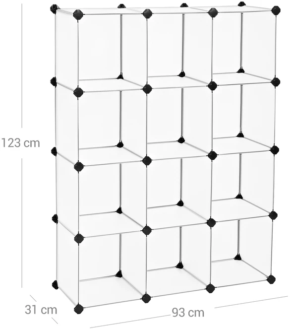 Songmics Modulinė 12 kubų lentyna, pusiau permatoma balta, 93 x 31 x 123 cm, plastikas