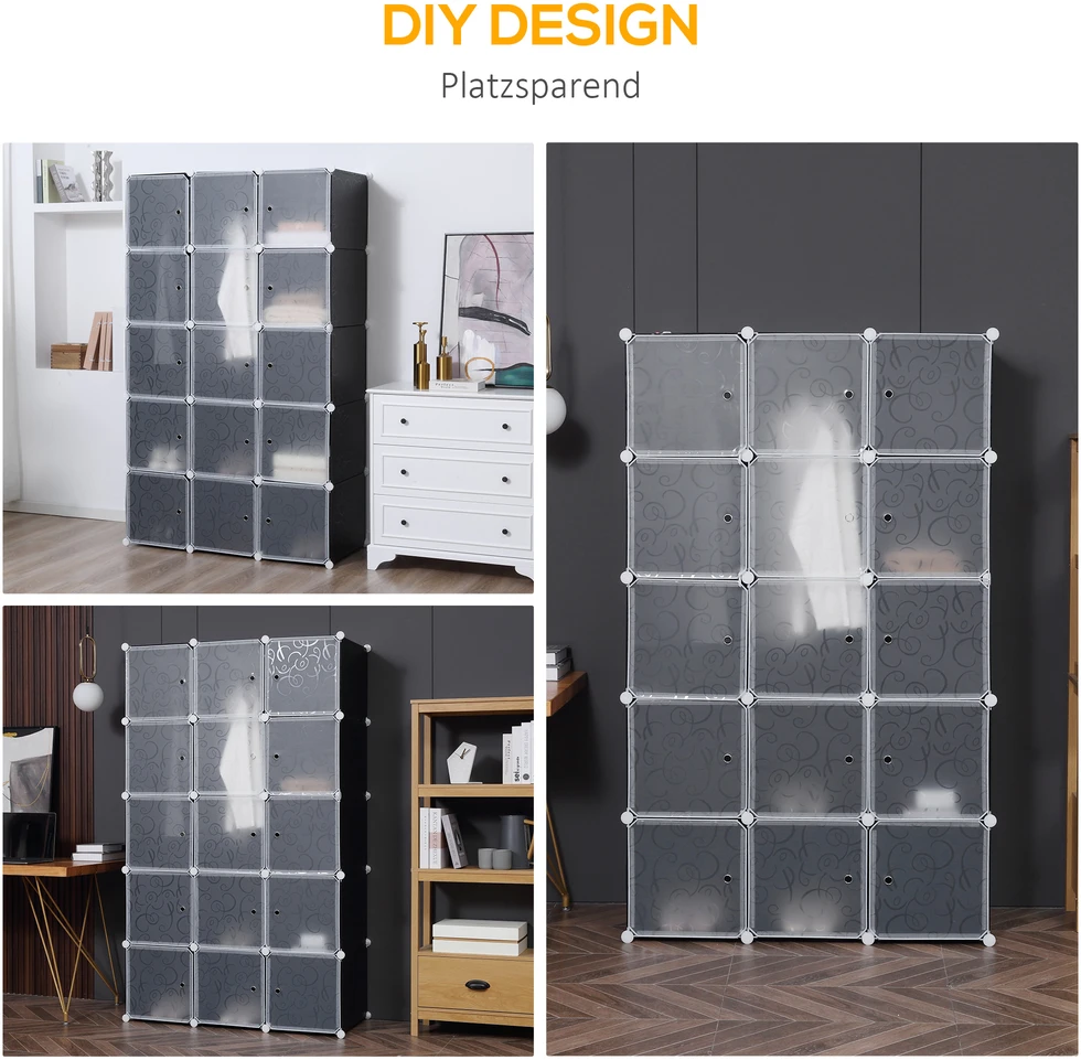 Aosom Modulinė drabužių spinta, 2 dideli ir 9 maži kubai, plastikas, metalas, juoda, 111 x 47 x 183 cm