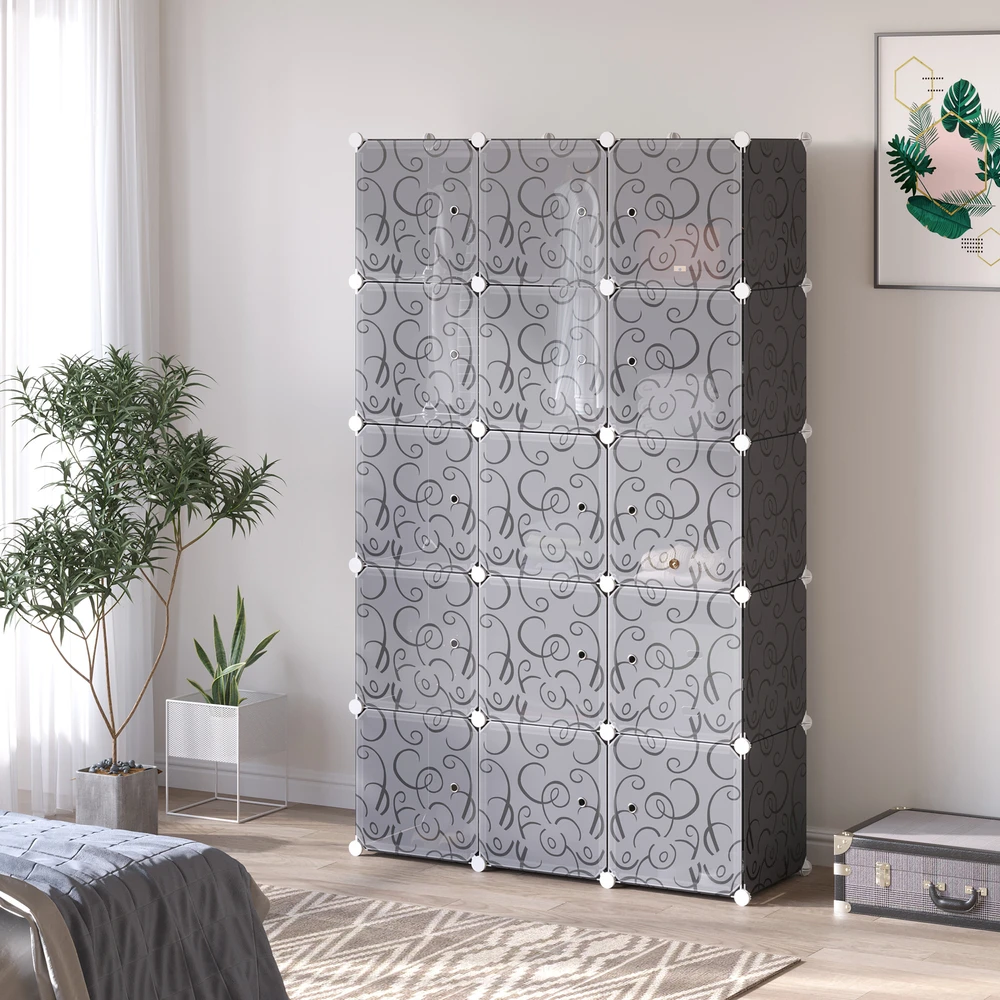 Aosom Modulinė drabužių spinta, 2 dideli ir 9 maži kubai, plastikas, metalas, juoda, 111 x 47 x 183 cm