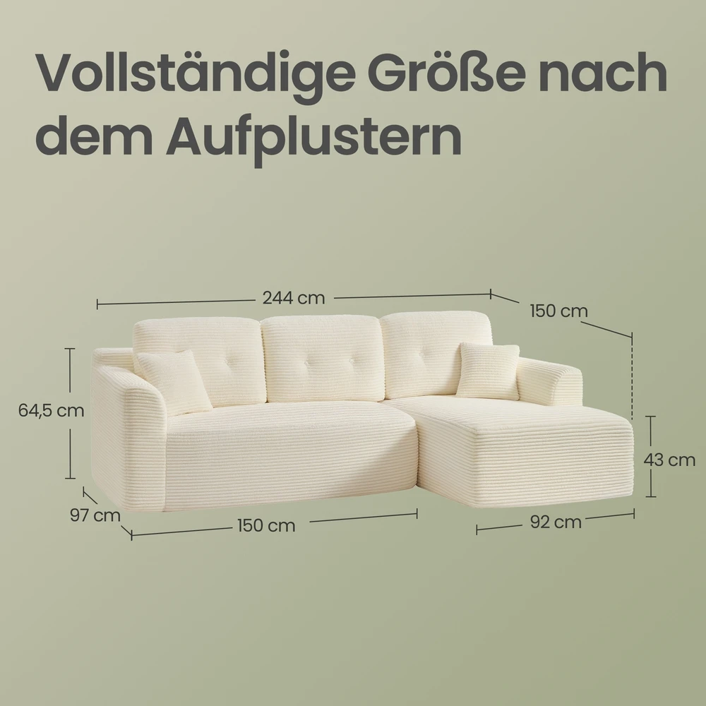 Koduva Modulinė kampinė sofa, 244 cm pločio, su dešine gulimąja dalimi, balta