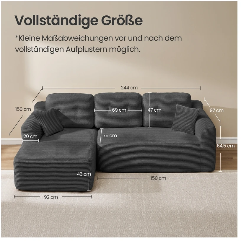 Koduva Modulinė kampinė sofa, 244 cm pločio, su kaire šezlongo dalimi, skalūno pilka