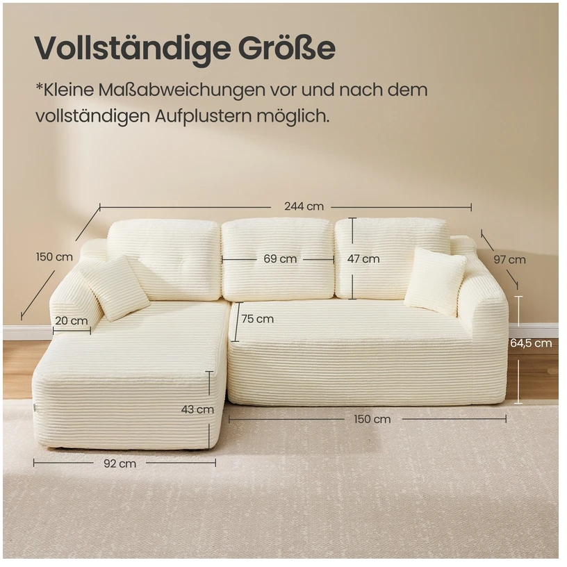 Koduva Modulinė kampinė sofa, 244 cm pločio, su šezlongu kairėje, kreminės baltos spalvos