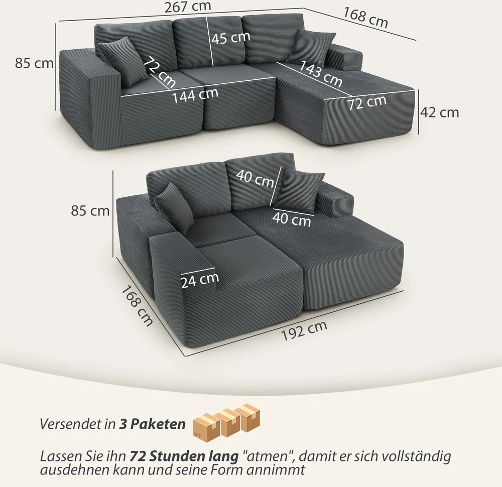 Aosom Modulinė kampinė sofa-lova, tamsiai pilka, 267 x 168 x 85 cm