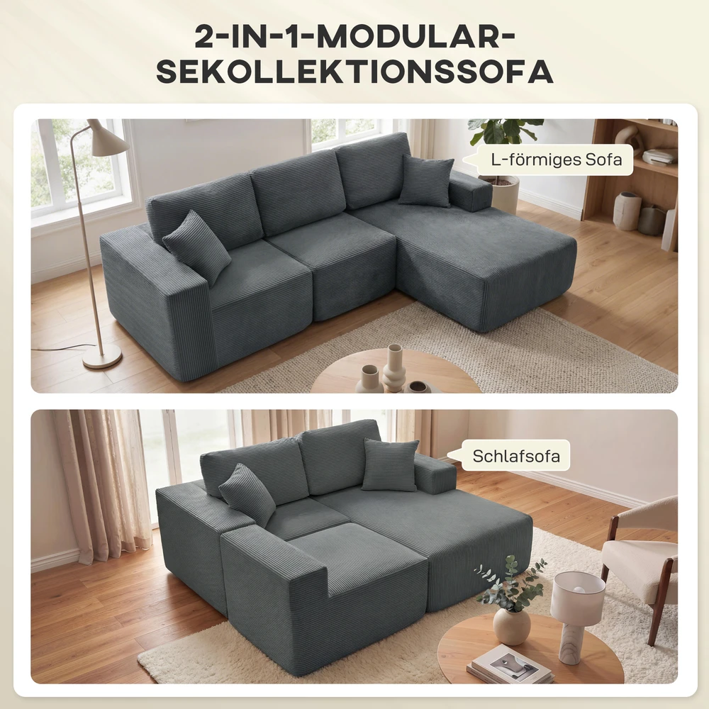 Aosom Modulinė kampinė sofa-lova, tamsiai pilka, 267 x 168 x 85 cm