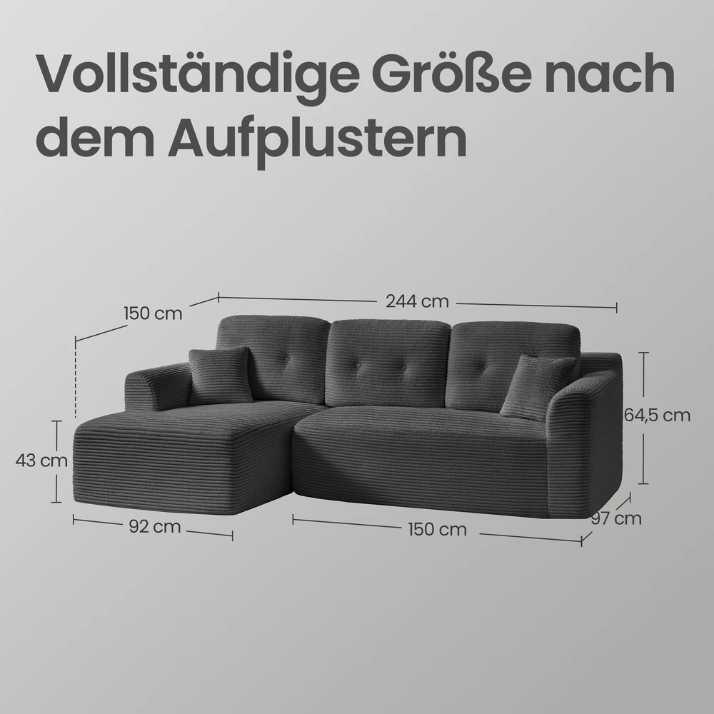 Koduva Modulinė kampinė sofa su kairiąja šezlongo dalimi, 244 cm pločio, pilka