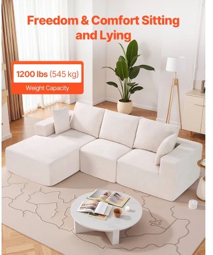 VEVOR Modulinė kampinė sofa su šezlongu, velvetas, smėlio spalvos, 265 x 165 x 57 cm